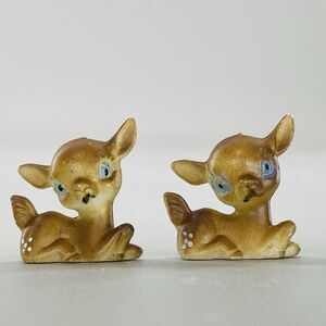 Vintage Miniature Fawn Deer Figurines Hand Painted Plastic Celluloid Blue Eyes